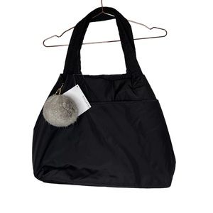 Fabletics Favorite Tote Black Polyester Gray Poof Purse Charm NWT